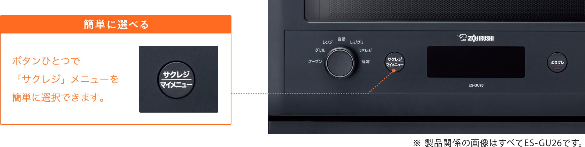 簡単に選べる ボタンひとつで「サクレジ」メニューを簡単に選択できます。 ※製品関係の画像はすべてES-GU26です。