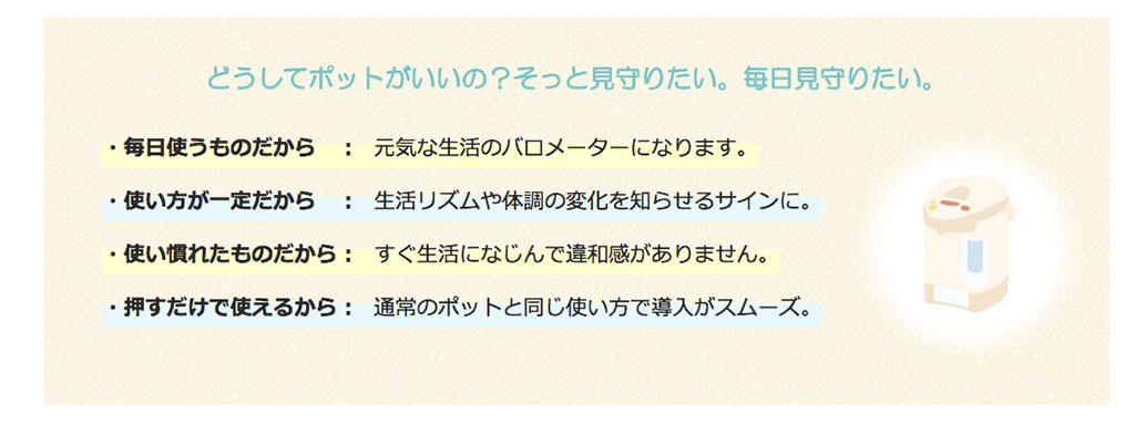どうしてポットがいいの?そっと見守りたい。毎日見守りたい。 毎日使うものだから:元気な生活のパロメーターになります。 使い方が一定だから:生活リズムや体調の変化を知らせるサインに。 使い慣れたものだから:すぐ生活になじんで違和感がありません。 押すだけで使えるから:通常のポットと同じ使い方で導入がスムーズ。