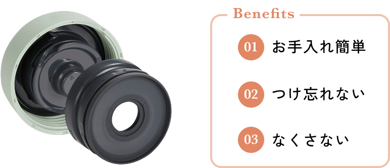 Benefits 01 お手入れ簡単 02 つけ忘れない 03 なくさない