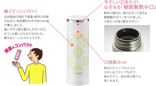 軽くてコンパクト！当社独自の設計で保温・保冷力を保ちながら、真空層をわずか約1mmまで薄くしました。 使いやすく持ち運びしやすいので、オフィス使いにもおでかけにも、様々なシーンにオススメです。やさしい口あたり！はずせる「樹脂製飲み口」。飲み口部分に、取りはずして洗える樹脂製のカバーをつけました。口あたりが良く飲みやすい！口径4cm。お茶やコーヒーはもちろん、氷をカンタンに入れることができる広口4cm設計。お手入れもラクラクです。