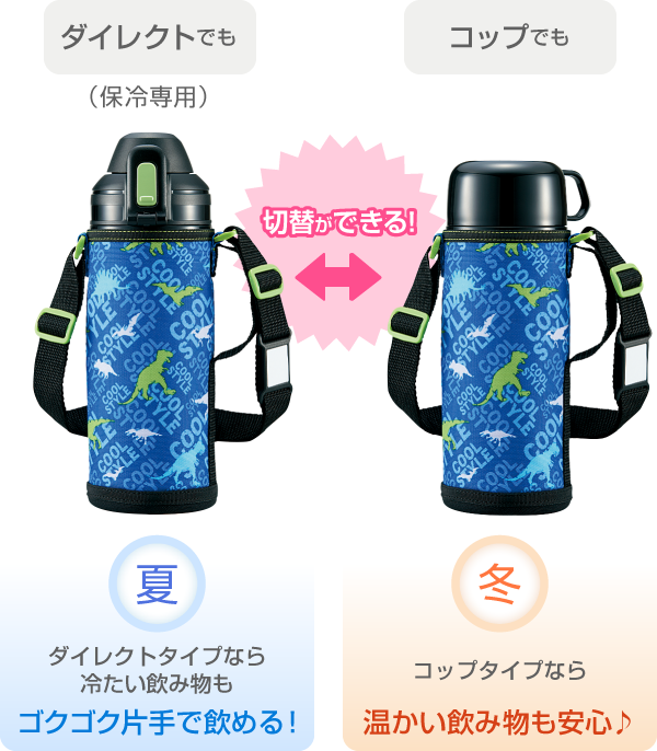 ダイレクトでも（保冷専用）コップでも切替ができる！夏ダイレクトコップなら冷たい飲み物でもゴクゴク片手で飲める！冬コップタイプなら温かい飲み物も安心♪