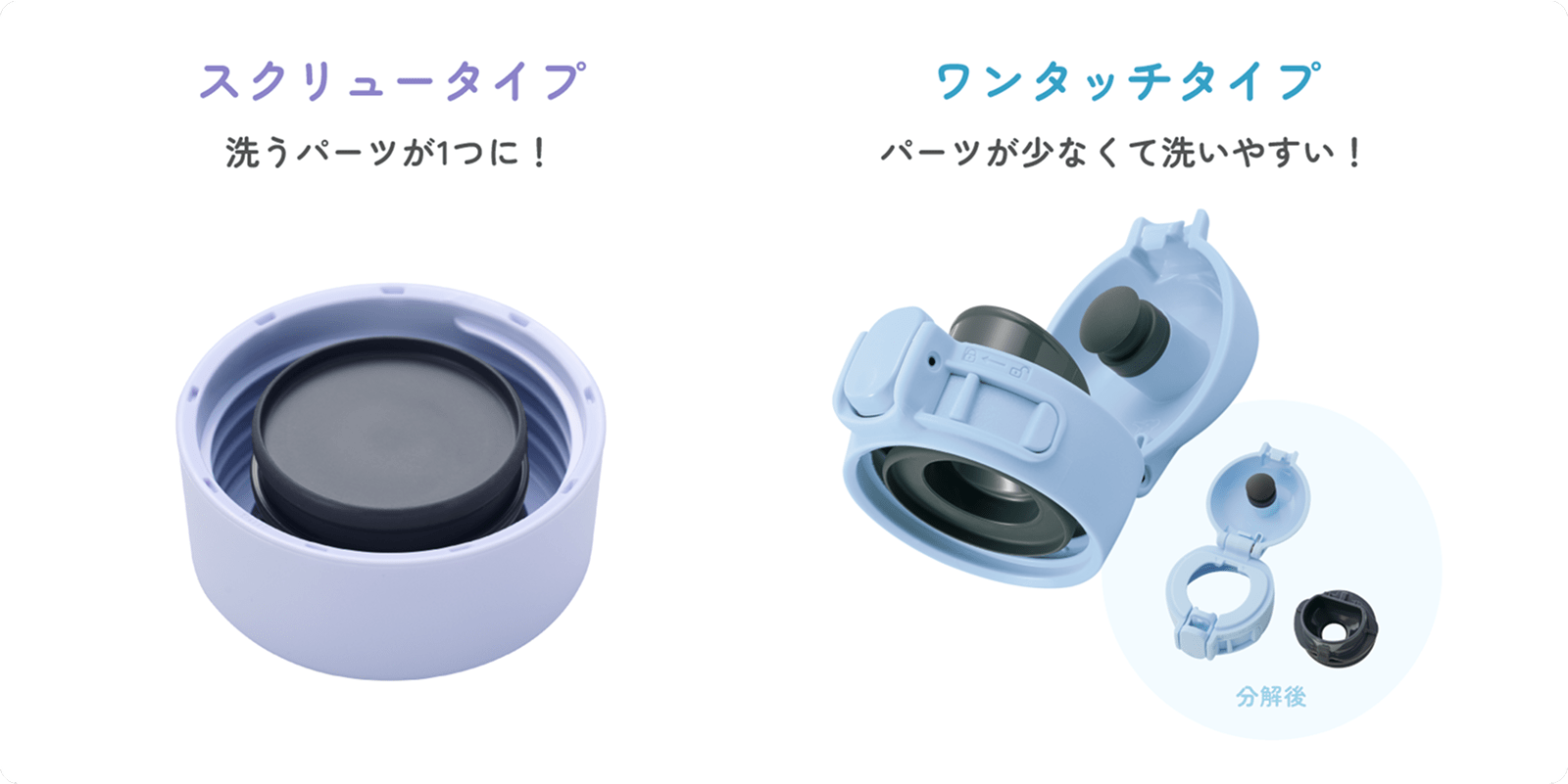 スクリュータイプ 洗うパーツが1つに！ ワンタッチタイプ パーツが少なくて洗いやすい！