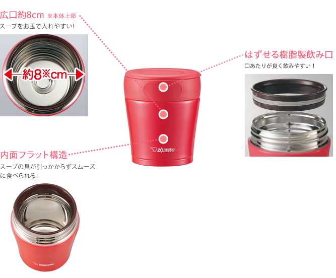 広口約8cm※本体上部 スープをお玉で入れやすい! 内面フラット構造 スープの具が引っかからずスムーズに食べられる! はずせる樹脂製飲み口 口あたりが良く飲みやすい!