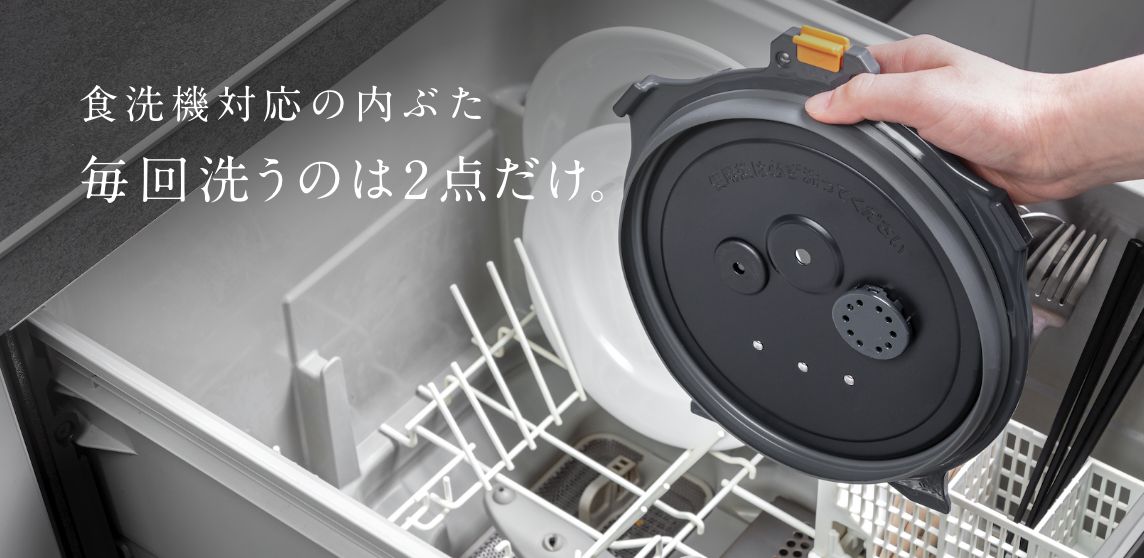 食洗機対応の内ぶた 毎回洗うのはたったの2点だけ。