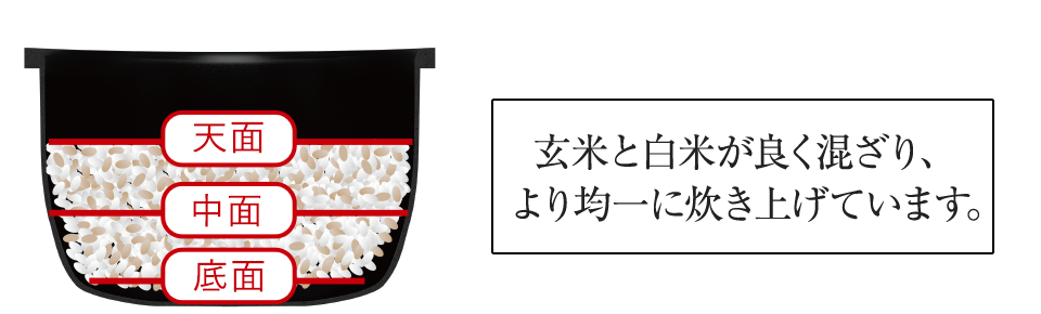 玄米と白米が良く混ざり、より均一に炊き上げています。