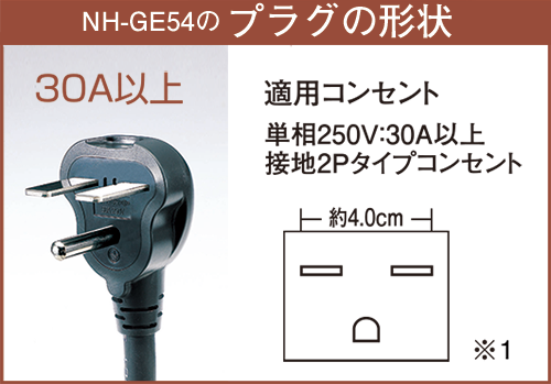 NH-GE54のプラグ形状 30A以上 適用コンセント 単相250V:30A以上 接地2Pタイプコンセント